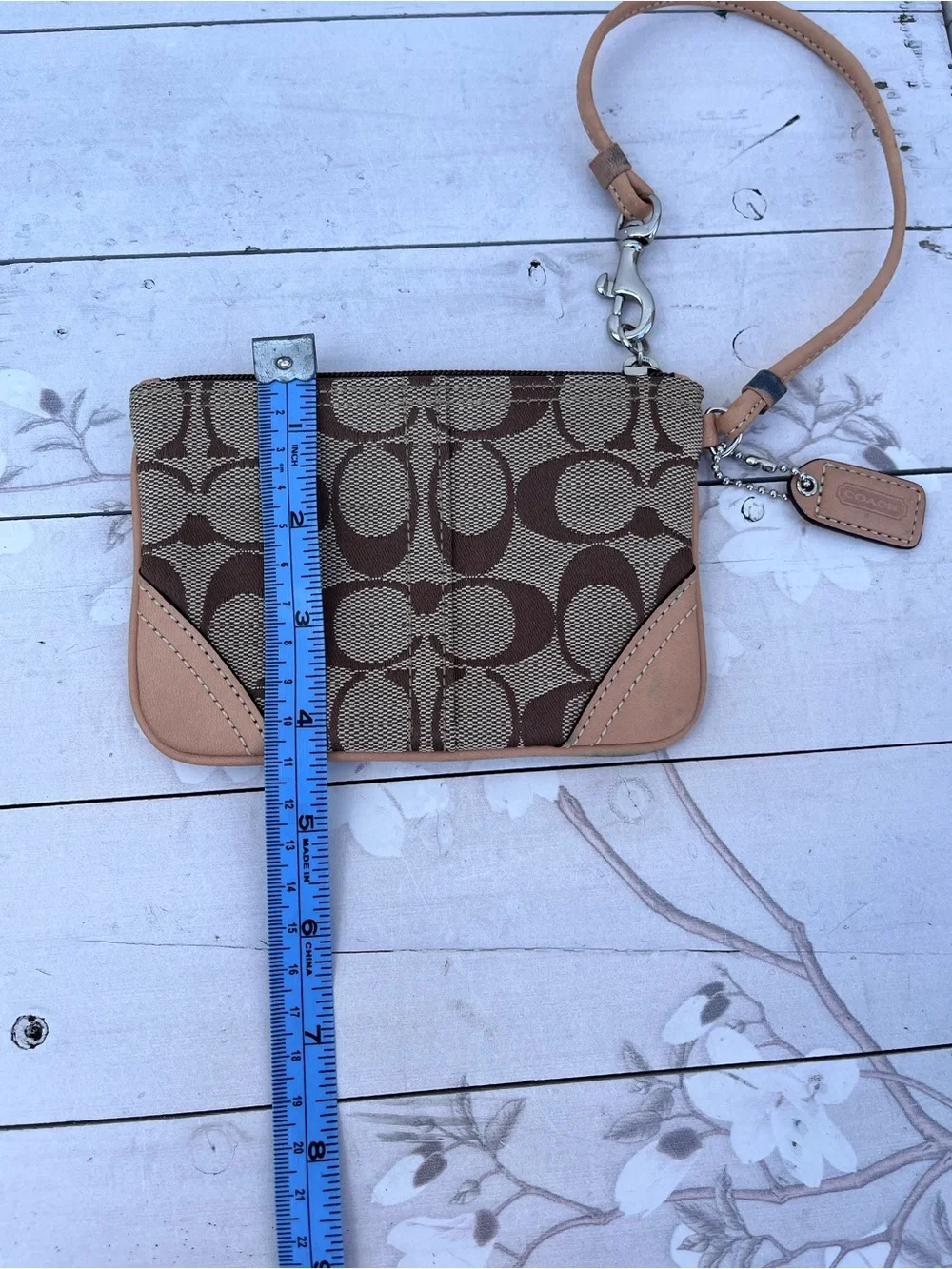 Coach Brown Signature Canvas Wristlet with Tan Leather Trim